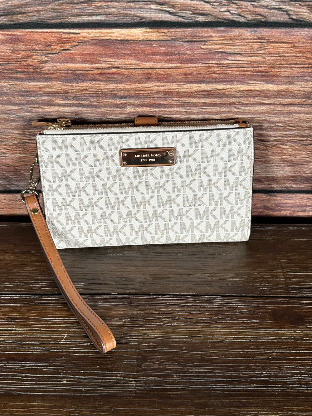 Michael Kors Ivory/Beige Signature MK Wristlet with Tan Strap